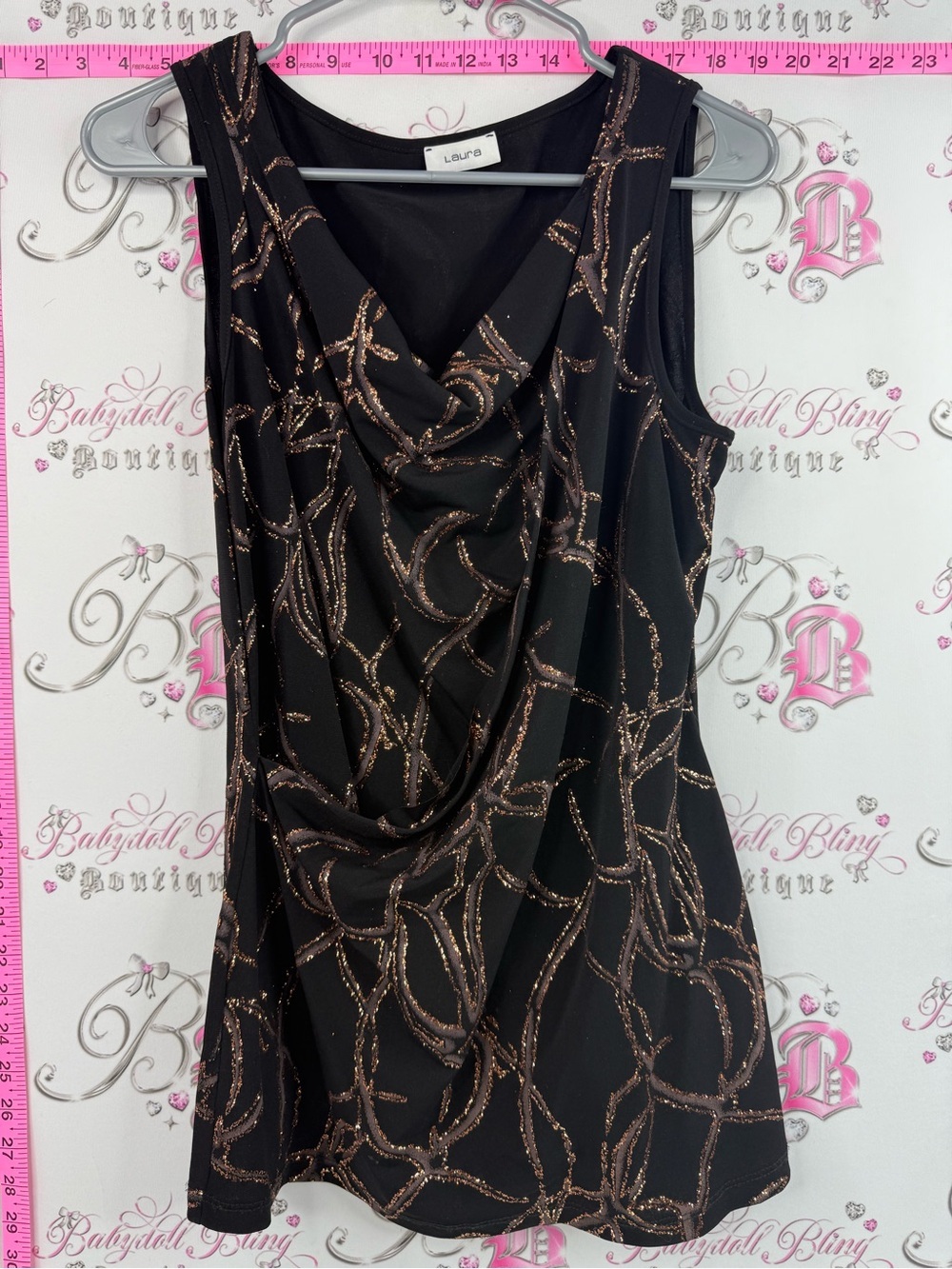 Laura tank top Black Sleeveless Drape Neck Dress with Metallic Bronze Pattern